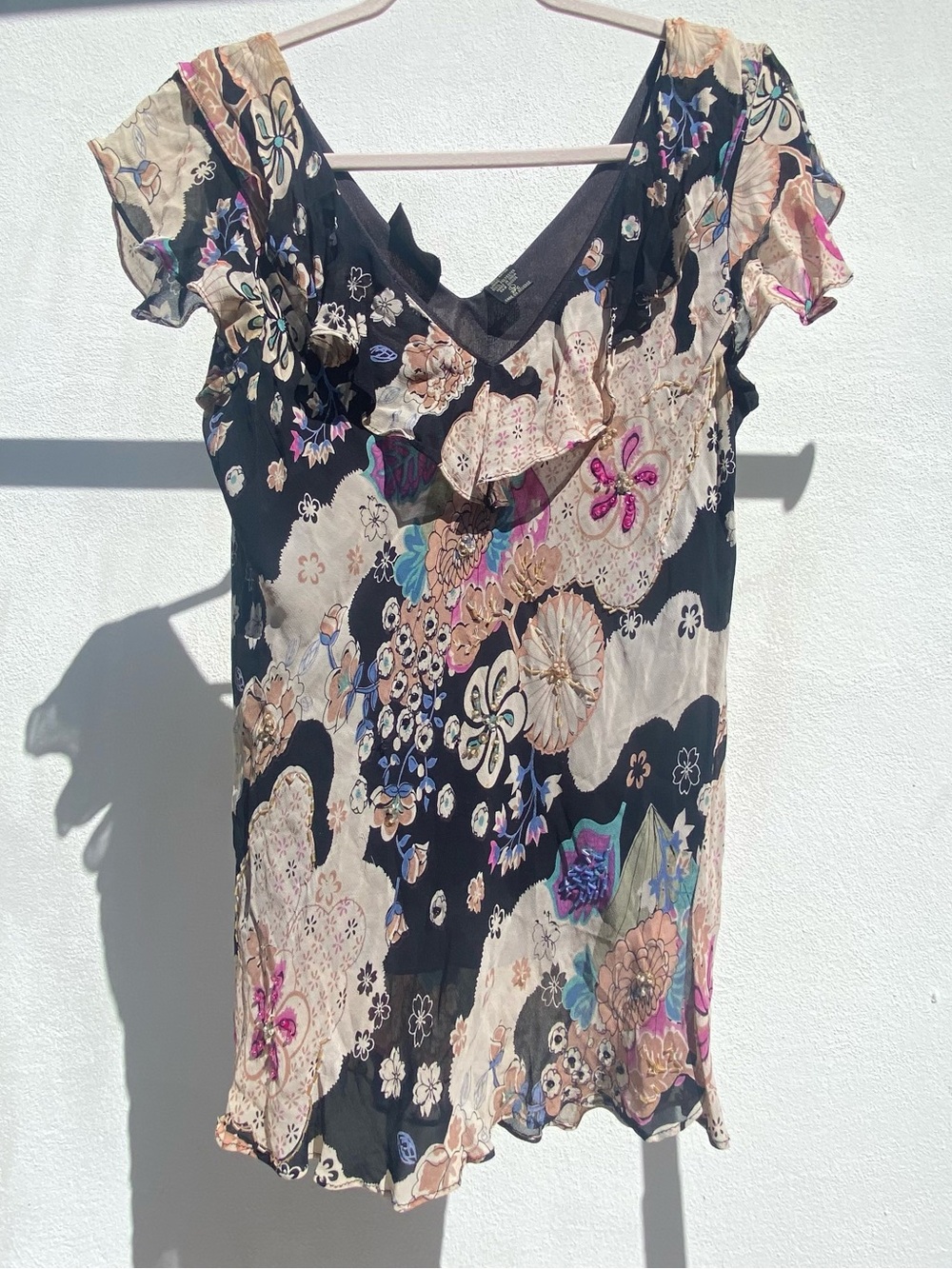 Y2K Black & Cream Multicolor Floral Beaded Ruffle Fairy Blouse Size Large